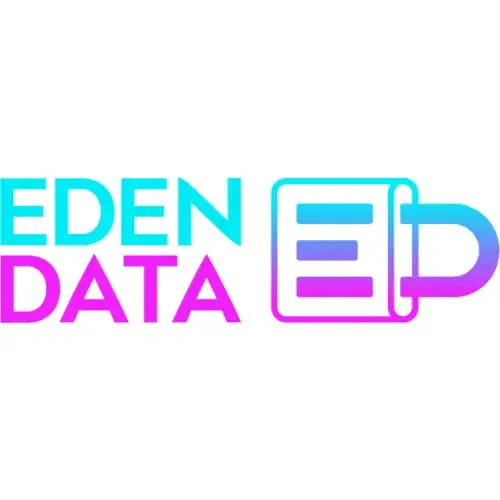 The Eden Data logo features EDEN in blue, DATA in pink, and a modern ED monogram with blue and pink gradients on a crisp white background.