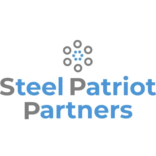 Logo for Steel Patriot Partners featuring grey and blue text with a modern circular dot design above the company name.