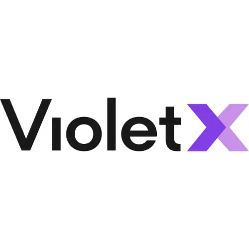 The image shows the word VioletX in black text, with the letter X in a bold, gradient purple font. The white background ensures the VioletX name stands out clearly and stylishly.