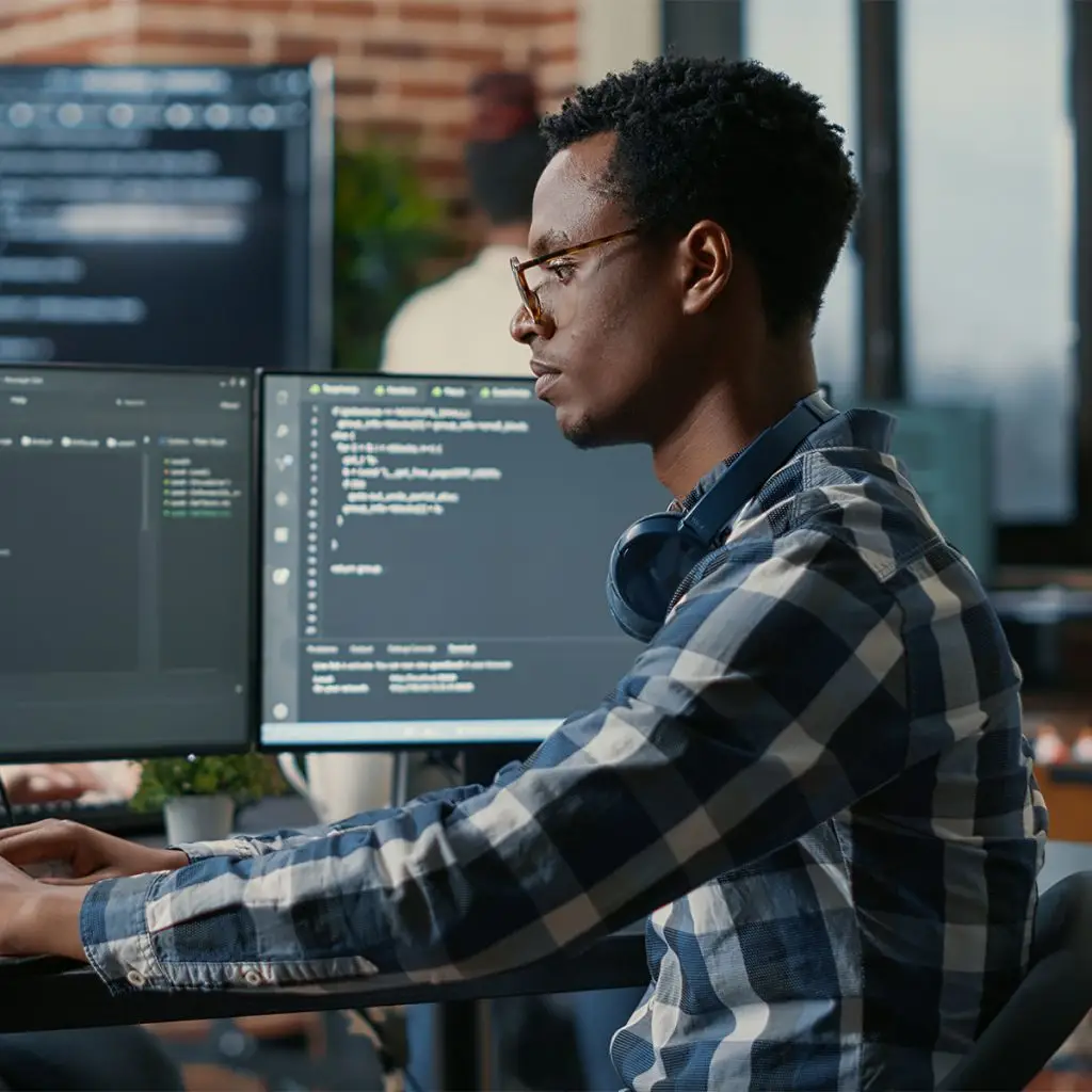 A man wearing glasses and headphones sits at a desk, typing on a keyboard with code displayed on dual monitors in an office setting.