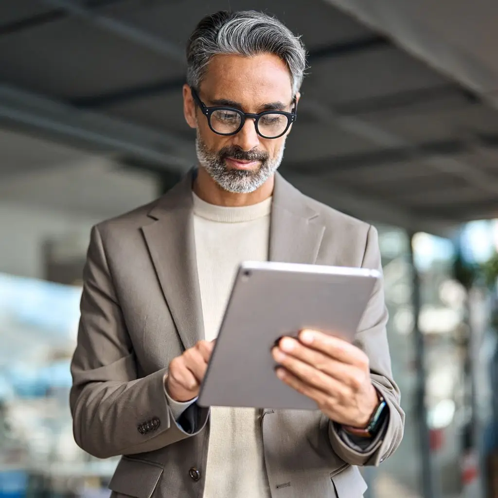 A man wearing glasses and a beige suit jacket is standing indoors, intently looking at and using a tablet device.