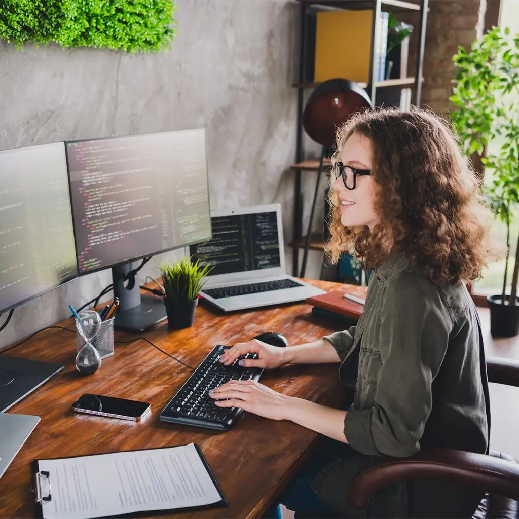 A person with curly hair and glasses works at a desk with dual monitors displaying code, a laptop, plants, and documents in a modern office setting.